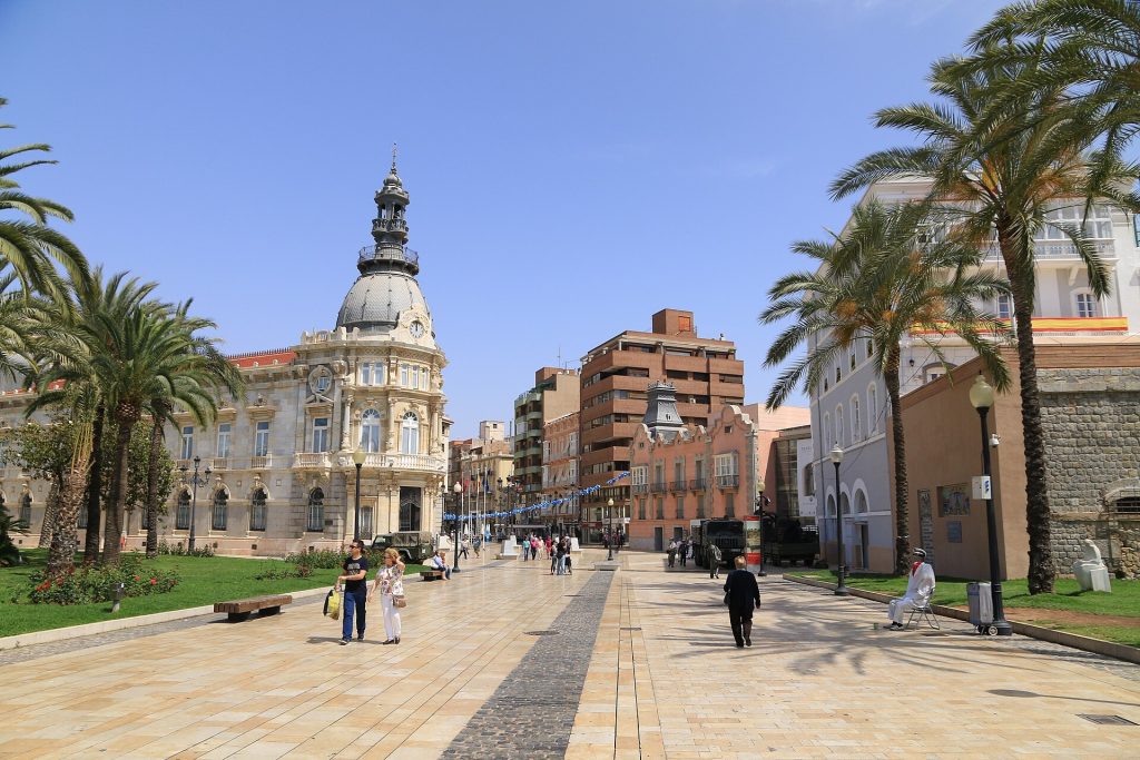 Cartagena city centre with the historic town hall and palm-lined square