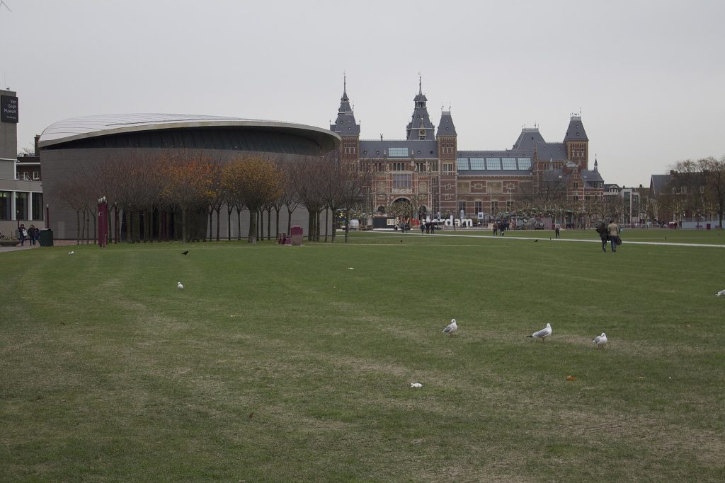 Rijksmuseum building seen from the Museumplein gardens in Amsterdam