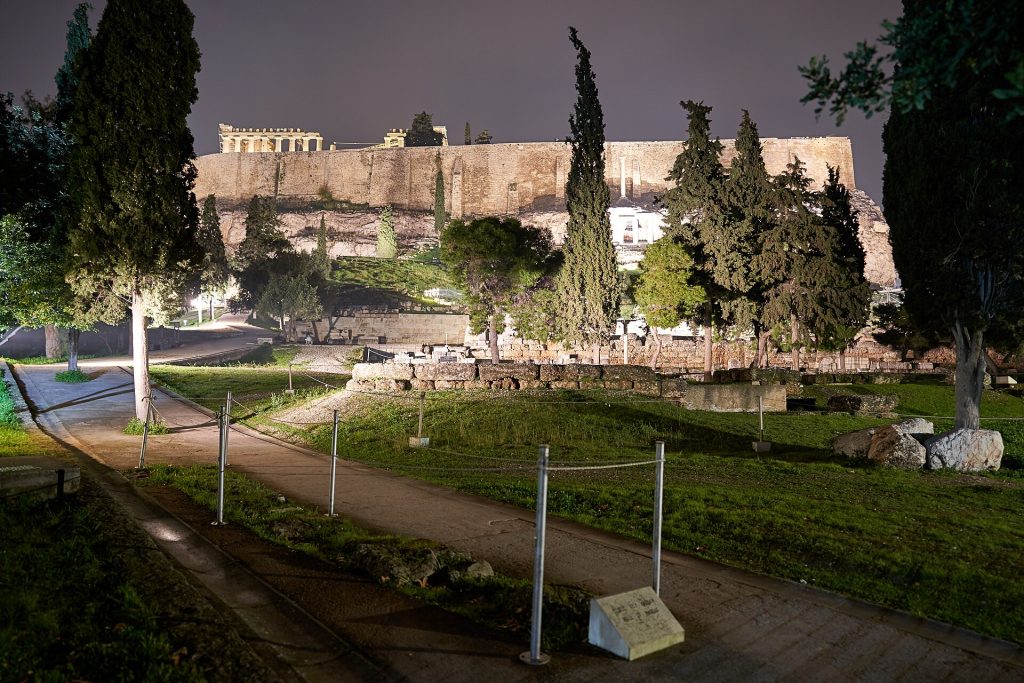 The Acropolis of Athens from Dionisiou Areopagitou Pedestrian Street on January 26, 2020