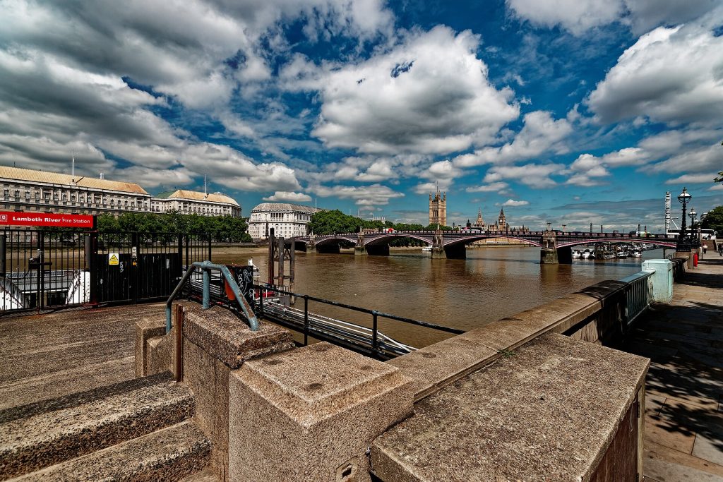 London - Albert Embankment - South Bank - Jubilee Walkway - View NNW along Lambeth Fire Station towards Thames House, Victoria Tow