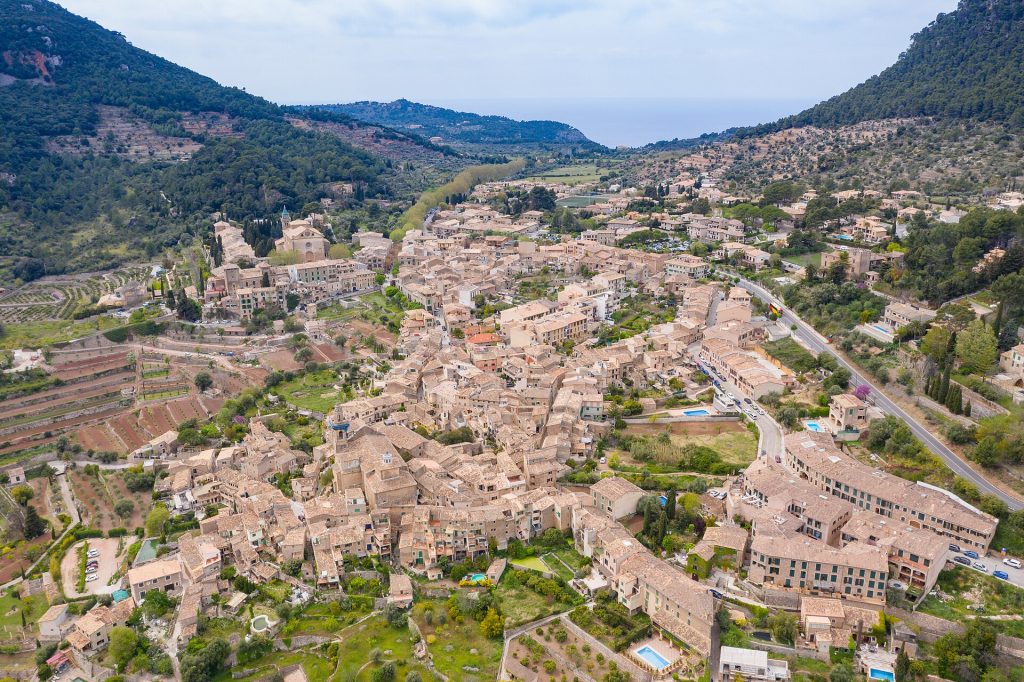 Hilltop view over the stone village of Valldemossa in Mallorca