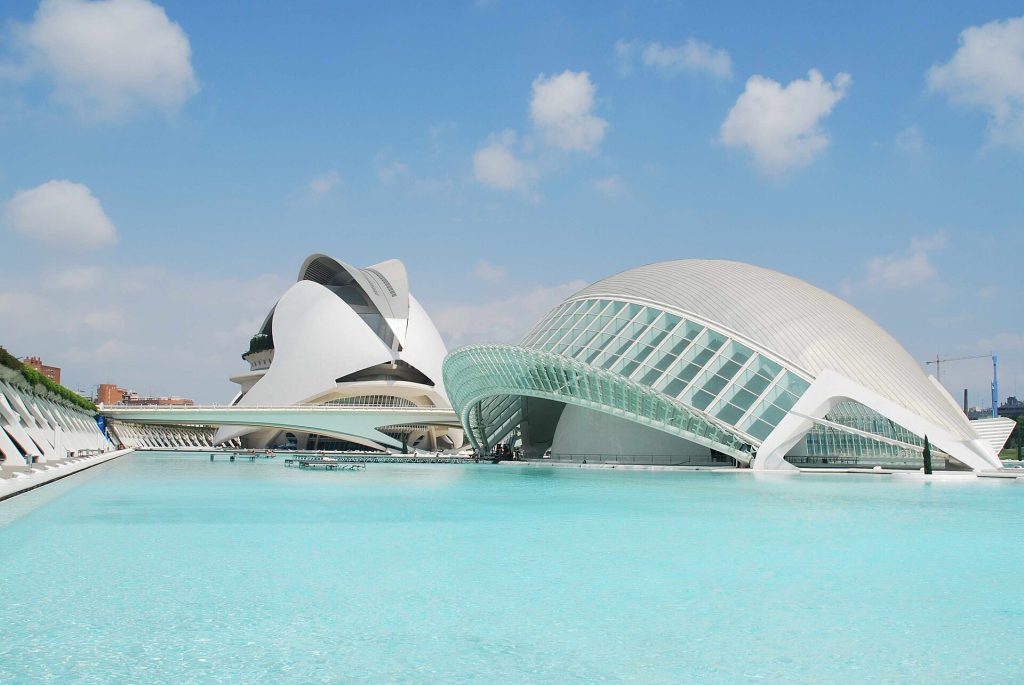 City of Arts and Sciences complex in Valencia beside a reflecting pool