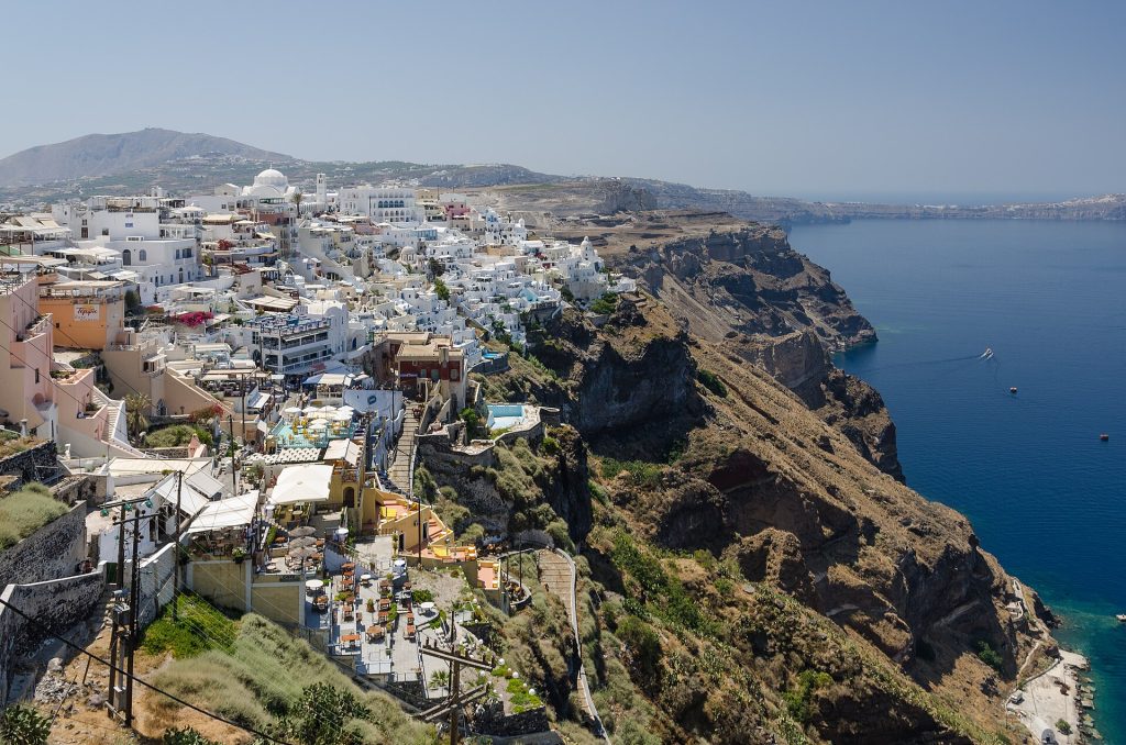 Buildings and footpaths along the caldera rim at Fira, Santorini